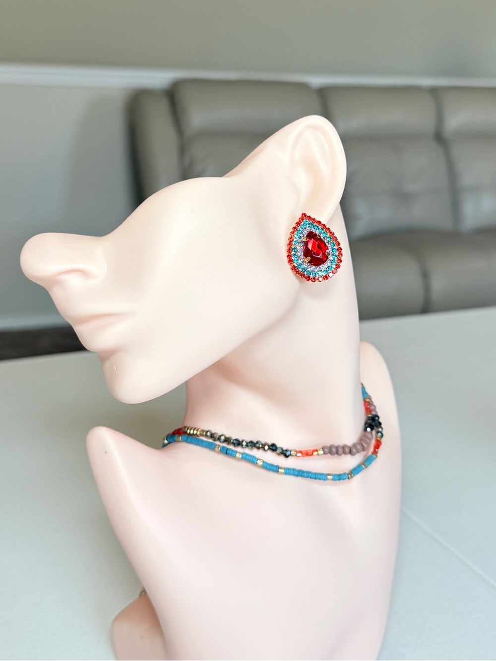 Colorful Teardrop Beaded Earrings - Coral and  blue